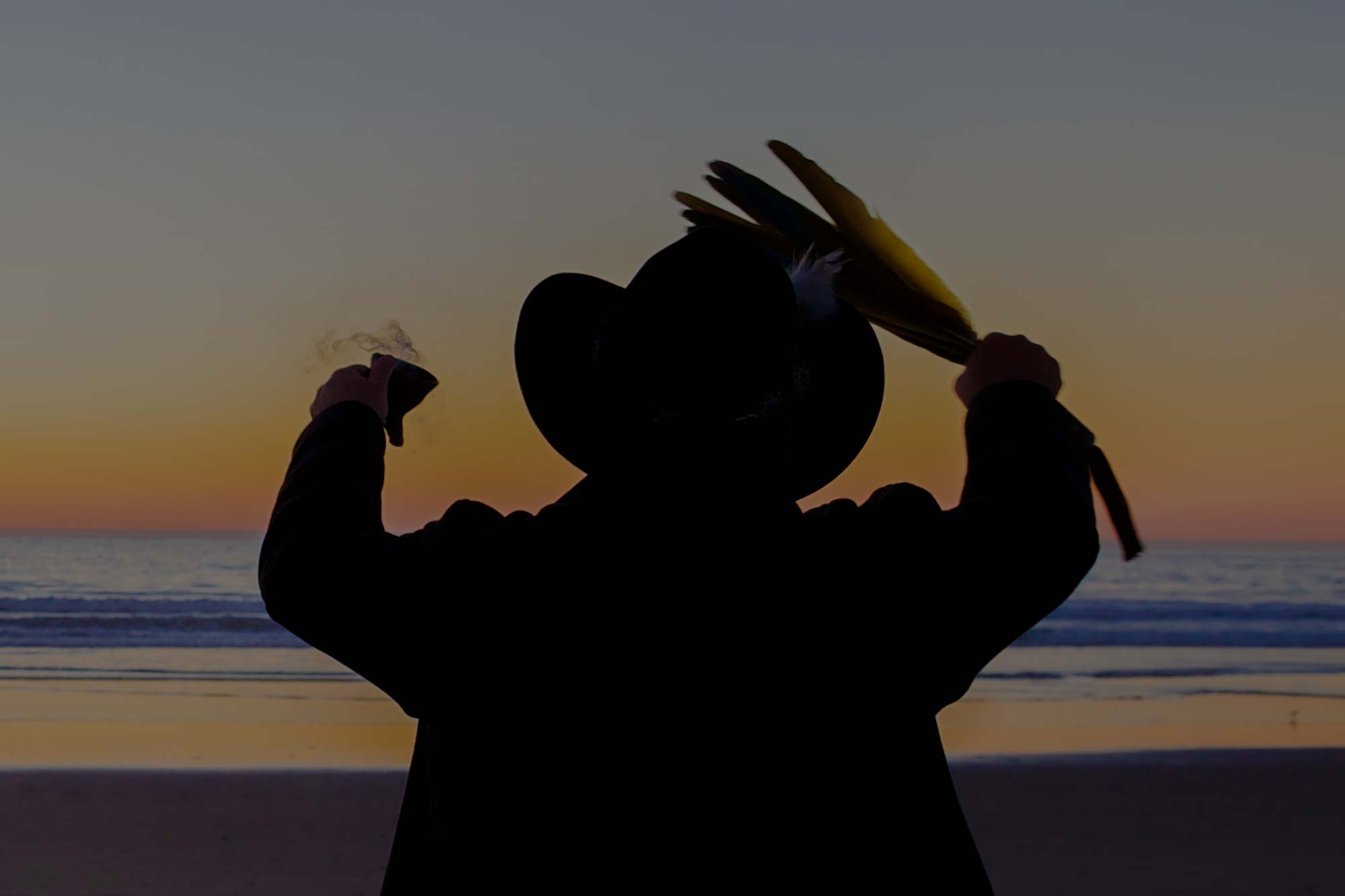 Brant Secunda performs a traditional Huichol ceremony in Monterey Bay, California