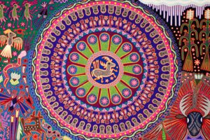 A traditional Huichol yarn painting